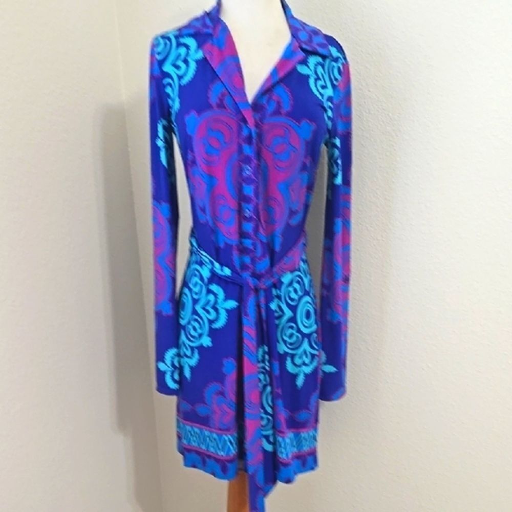 Hale Bob Blue Long Sleeve Sheath Dress xs